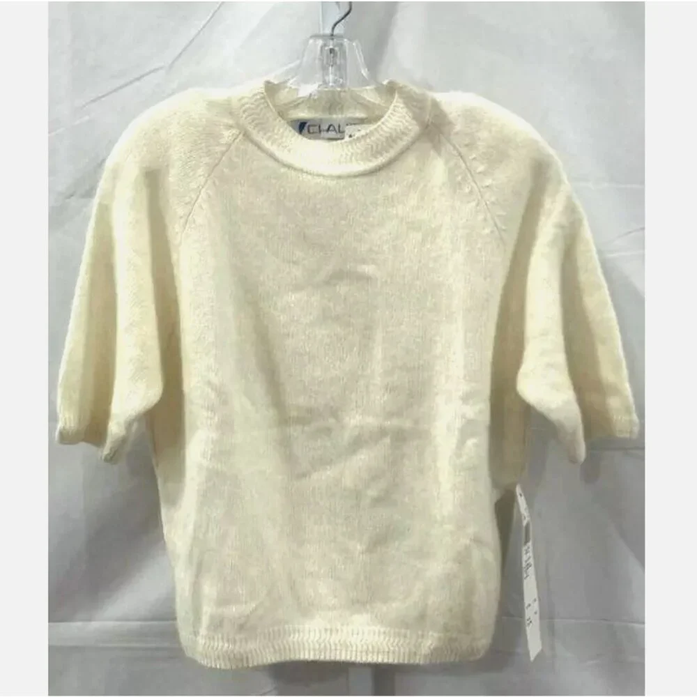 NEW VTG 80s 90s Lambswool Angora Short Sleeve Sweater Pullover Ivory Women's L - Picture 1 of 10